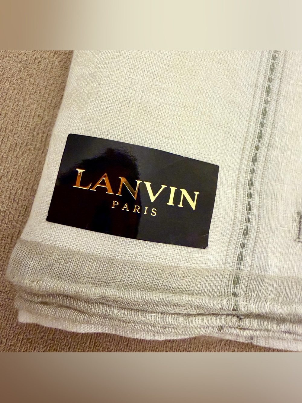 Authentic Lanvin Paris White Pocket Square Scarf Neutral Stripe Floral Border